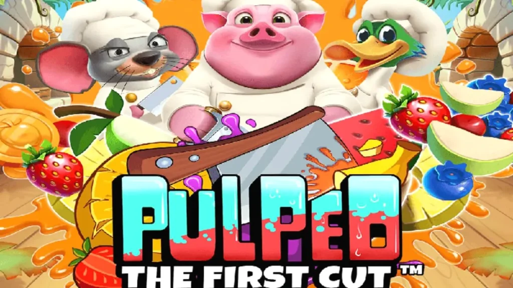 Tampilan visual slot Pulped: The First Cut dengan tema dapur tropis dan karakter koki hewan.