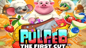Tampilan visual slot Pulped: The First Cut dengan tema dapur tropis dan karakter koki hewan.
