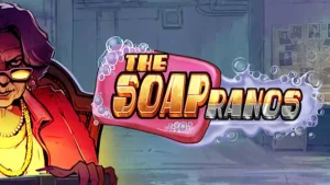 Tampilan visual slot Soapranos dengan elemen neon dan suasana kota yang intens.