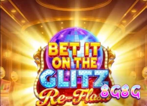 Painel de jogo do slot Bet It on the Glitz Re-Flash com luzes neon e símbolos de pedras preciosas.